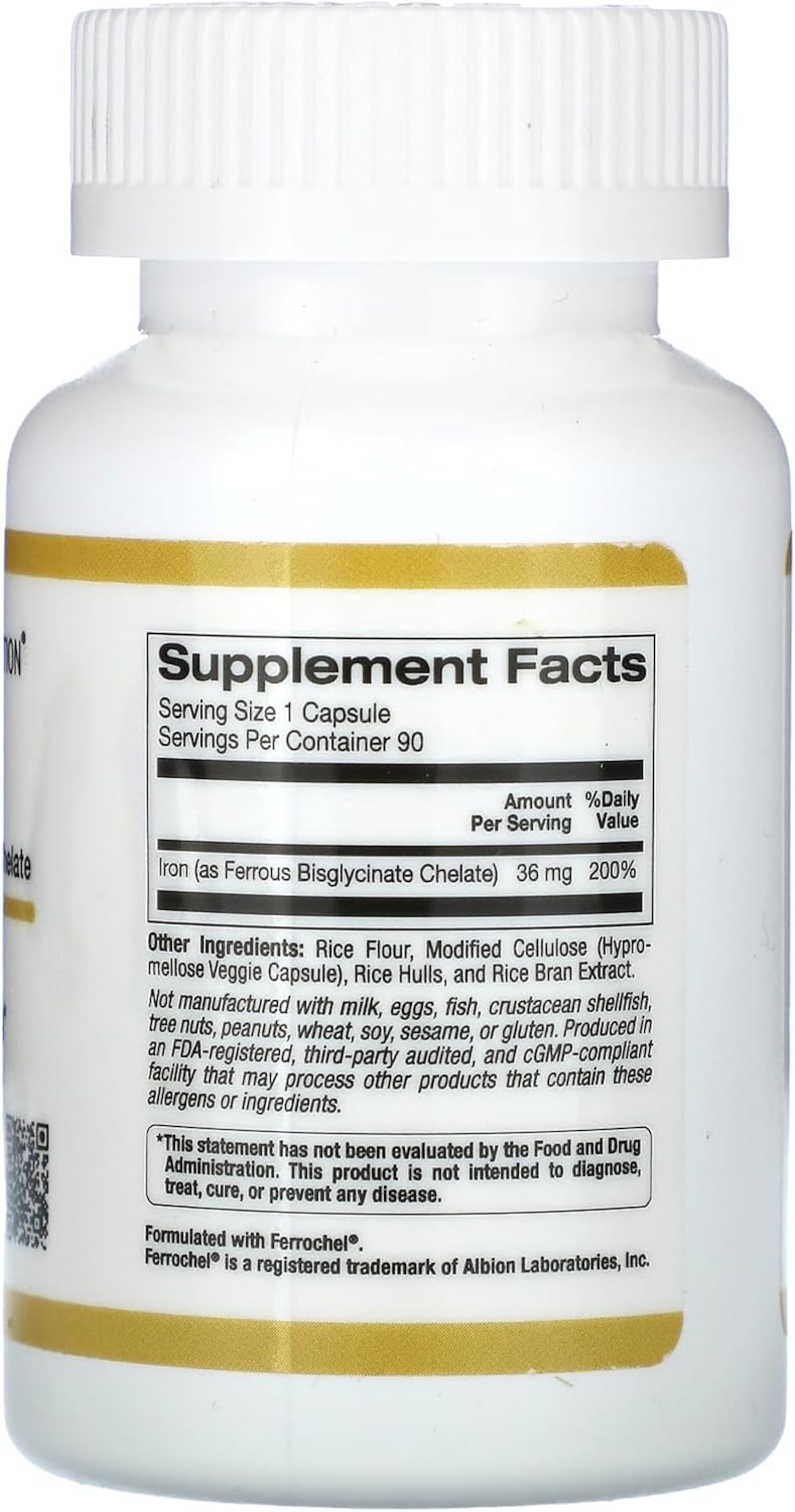 Gentle on the Stomach Iron Supplement 36mg, 90 Veg Capsules, Ferrochel Ferrous Bisglycinate Chelate by California Gold Nutrition