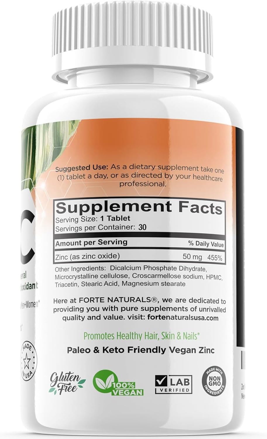Gentle Zinc Supplements 50mg - 30 Tablets for Sensitive Stomachs - Vegan Adults Daily Vitamins - Non GMO, Easy to Swallow Zinc Tablets