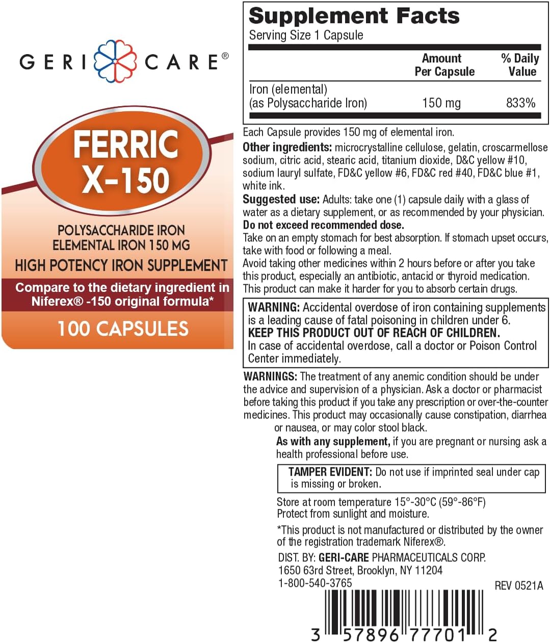 GeriCare Ferric X-150 High Potency Polysaccharide Iron Supplement Capsules - 100 Count Pack