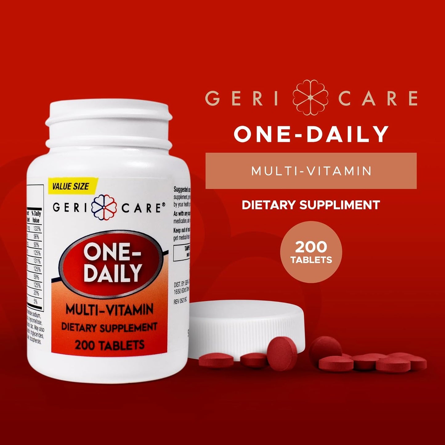 GeriCare One-Daily Multi-Vitamin Tablets, 200 Count for Adults | Essential Multivitamin Supplement with Vitamins A, C, D3, B, Calcium | Daily Vitamin & Mineral Complex for Men & Women