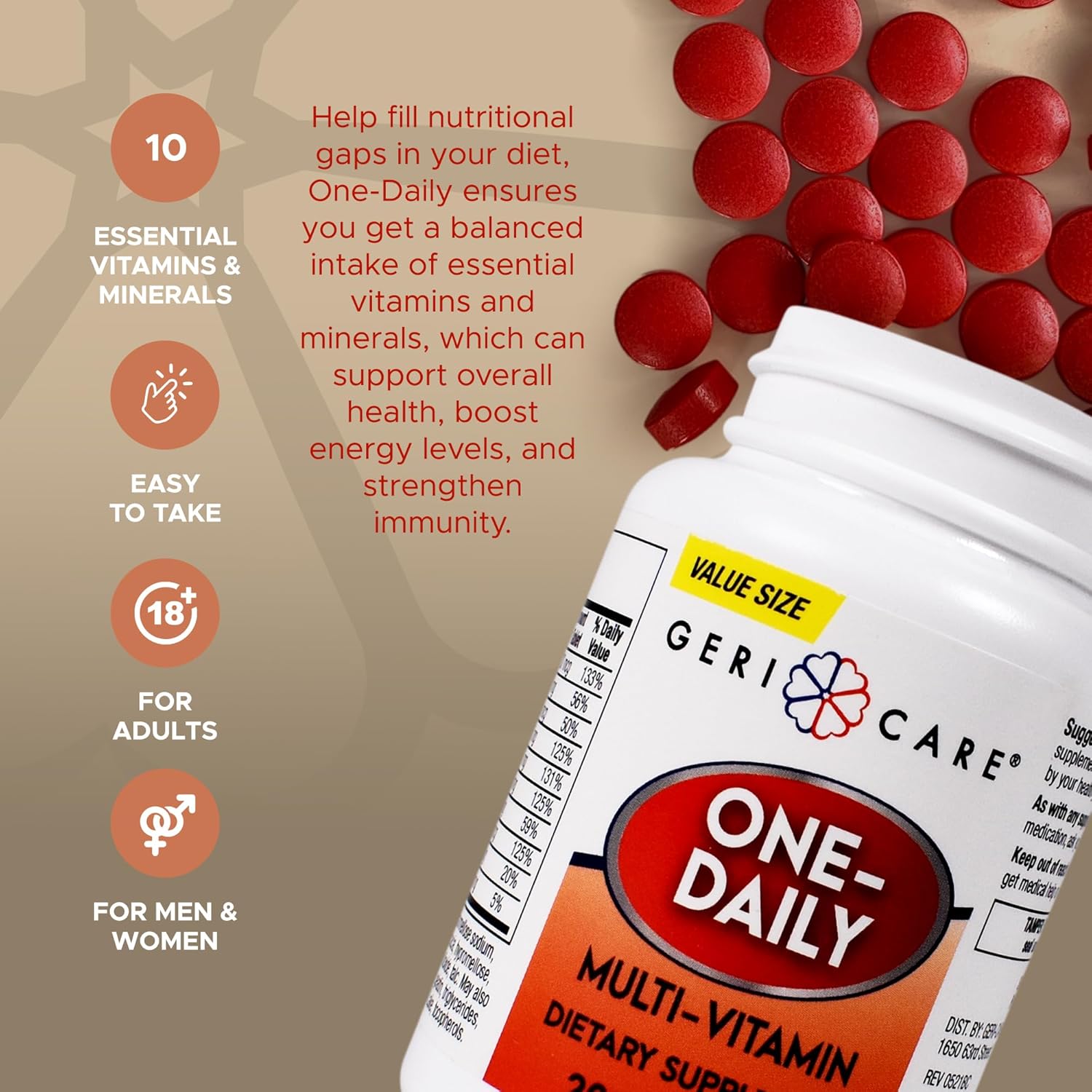 GeriCare One-Daily Multi-Vitamin Tablets, 200 Count for Adults | Essential Multivitamin Supplement with Vitamins A, C, D3, B, Calcium | Daily Vitamin & Mineral Complex for Men & Women