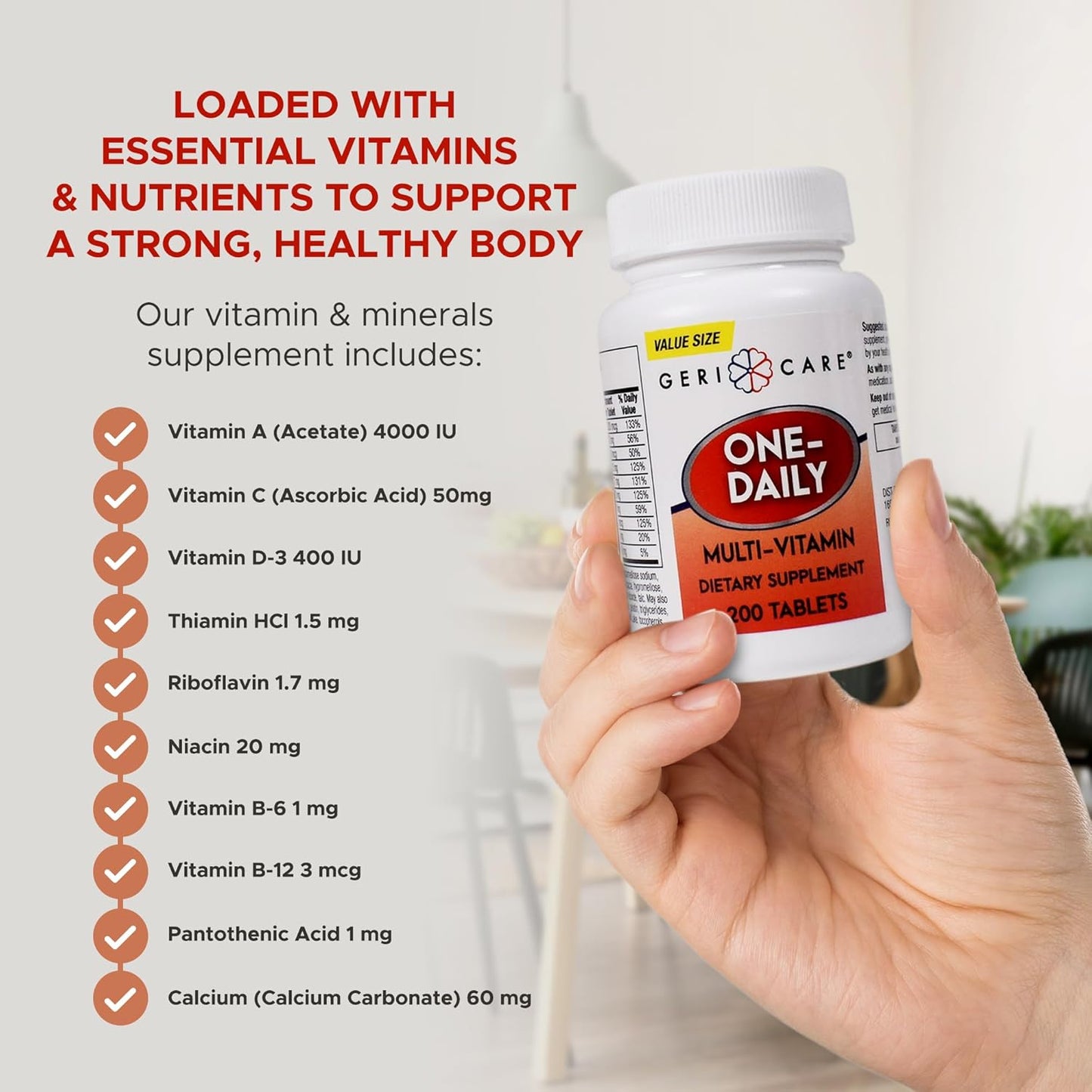 GeriCare One-Daily Multi-Vitamin Tablets, 200 Count for Adults | Essential Multivitamin Supplement with Vitamins A, C, D3, B, Calcium | Daily Vitamin & Mineral Complex for Men & Women