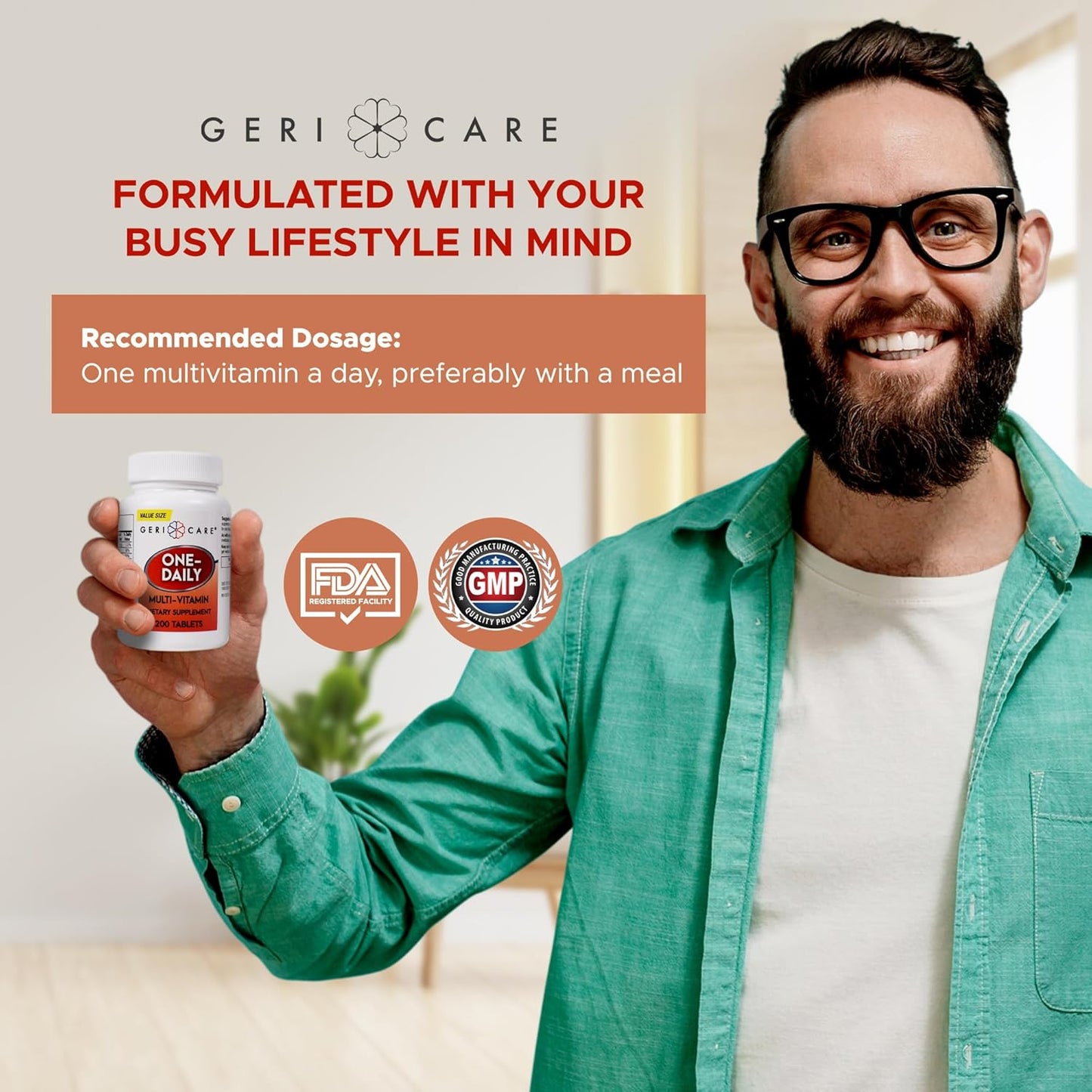 GeriCare One-Daily Multi-Vitamin Tablets, 200 Count for Adults | Essential Multivitamin Supplement with Vitamins A, C, D3, B, Calcium | Daily Vitamin & Mineral Complex for Men & Women