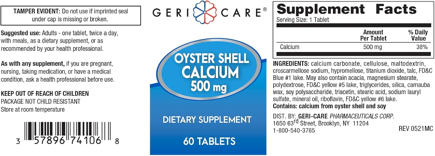 Gericare Oyster Shell Calcium 500 mg Nutritional Supplement for Bone Health - 60 Count Pack
