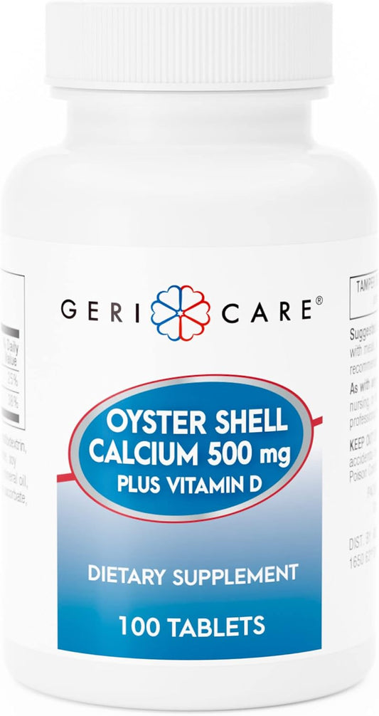 GeriCare Oyster Shell Calcium 500mg + Vitamin D Tablets, 100 Count - Bone Health Supplement