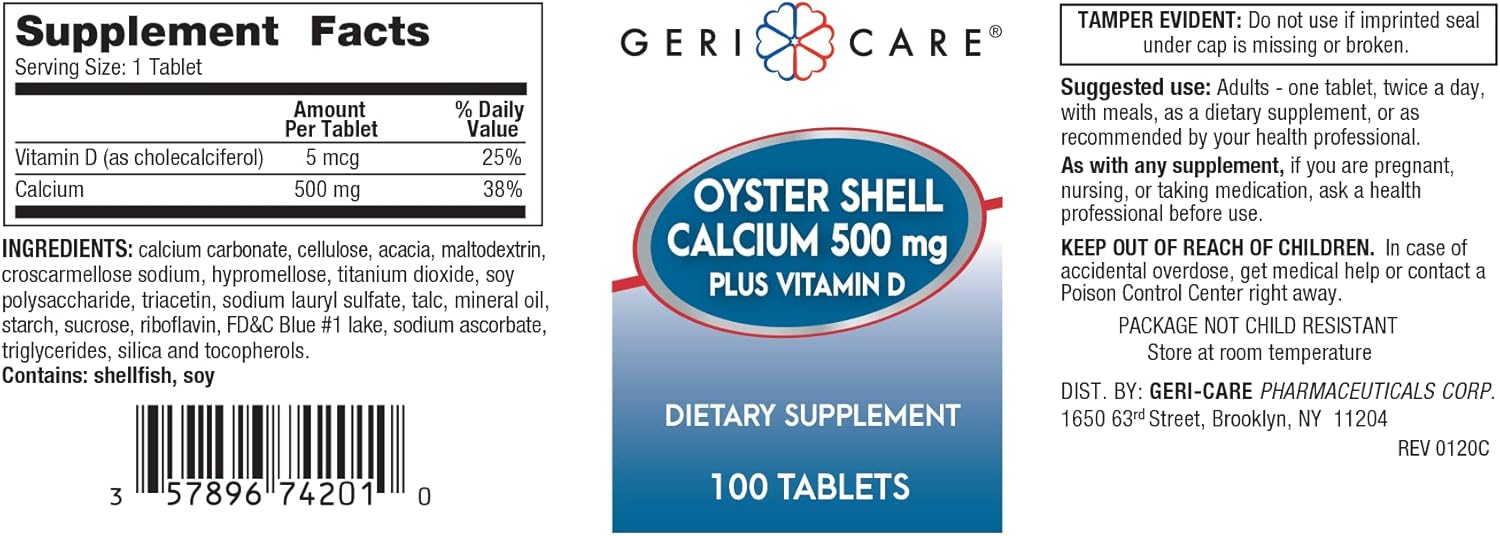 GeriCare Oyster Shell Calcium 500mg + Vitamin D Tablets, 100 Count - Bone Health Supplement