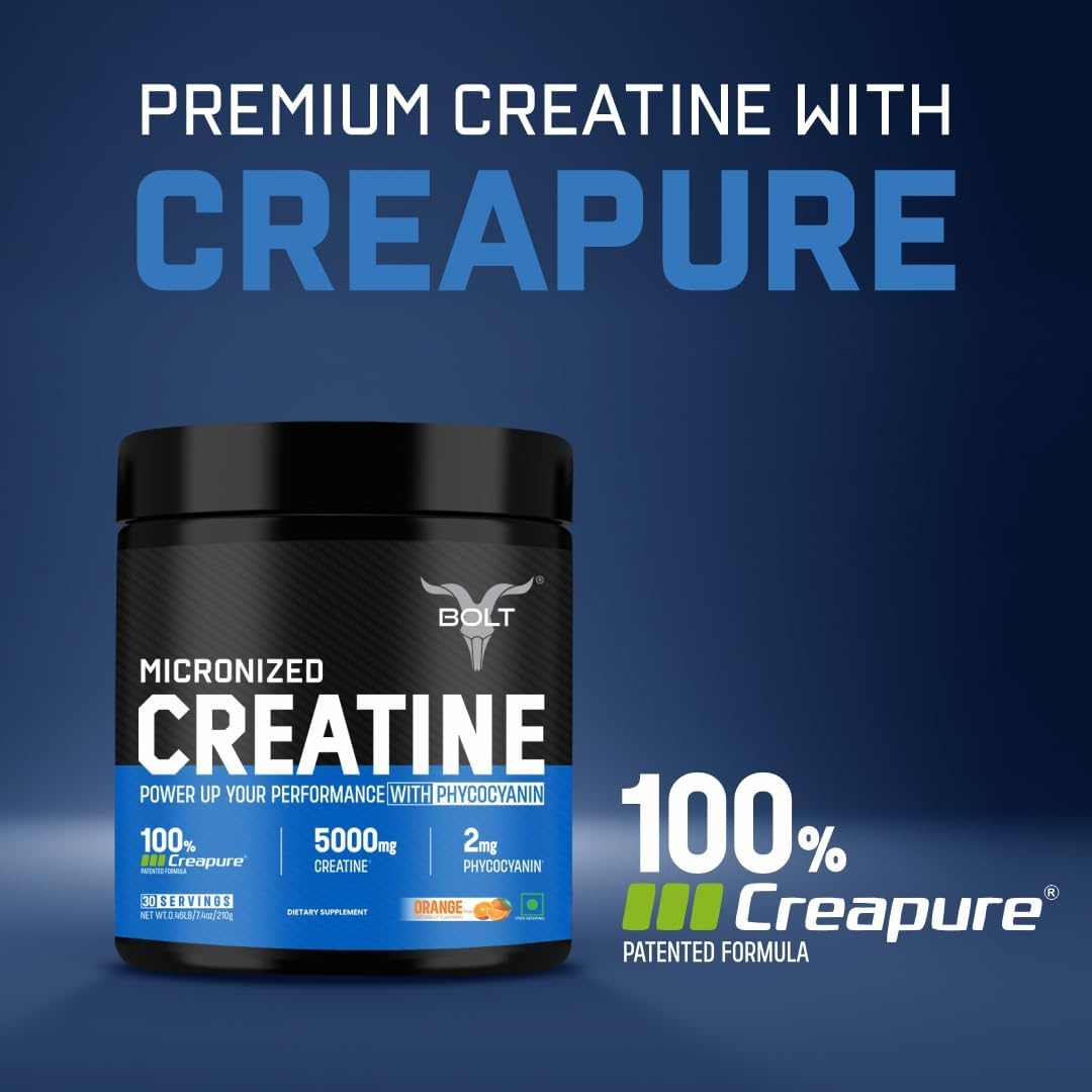 German Made Creapure® Creatine Monohydrate Powder for Pre & Post Workout - Supports Muscle Recovery, Endurance, Improved Athletic Performance - Orange Tangy Flavor - 210gm, 30 Servings