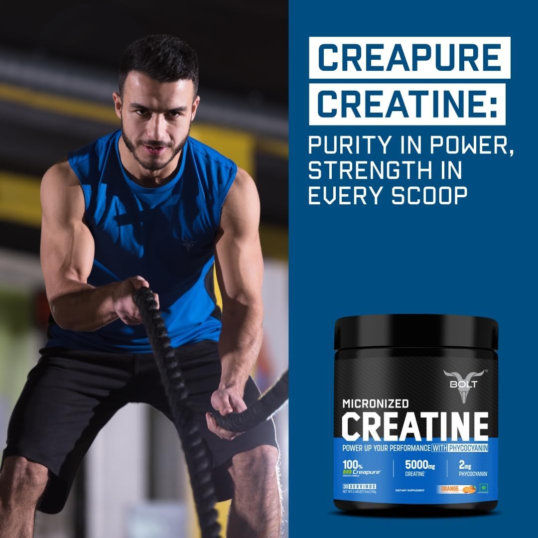 German Made Creapure® Creatine Monohydrate Powder for Pre & Post Workout - Supports Muscle Recovery, Endurance, Improved Athletic Performance - Orange Tangy Flavor - 210gm, 30 Servings