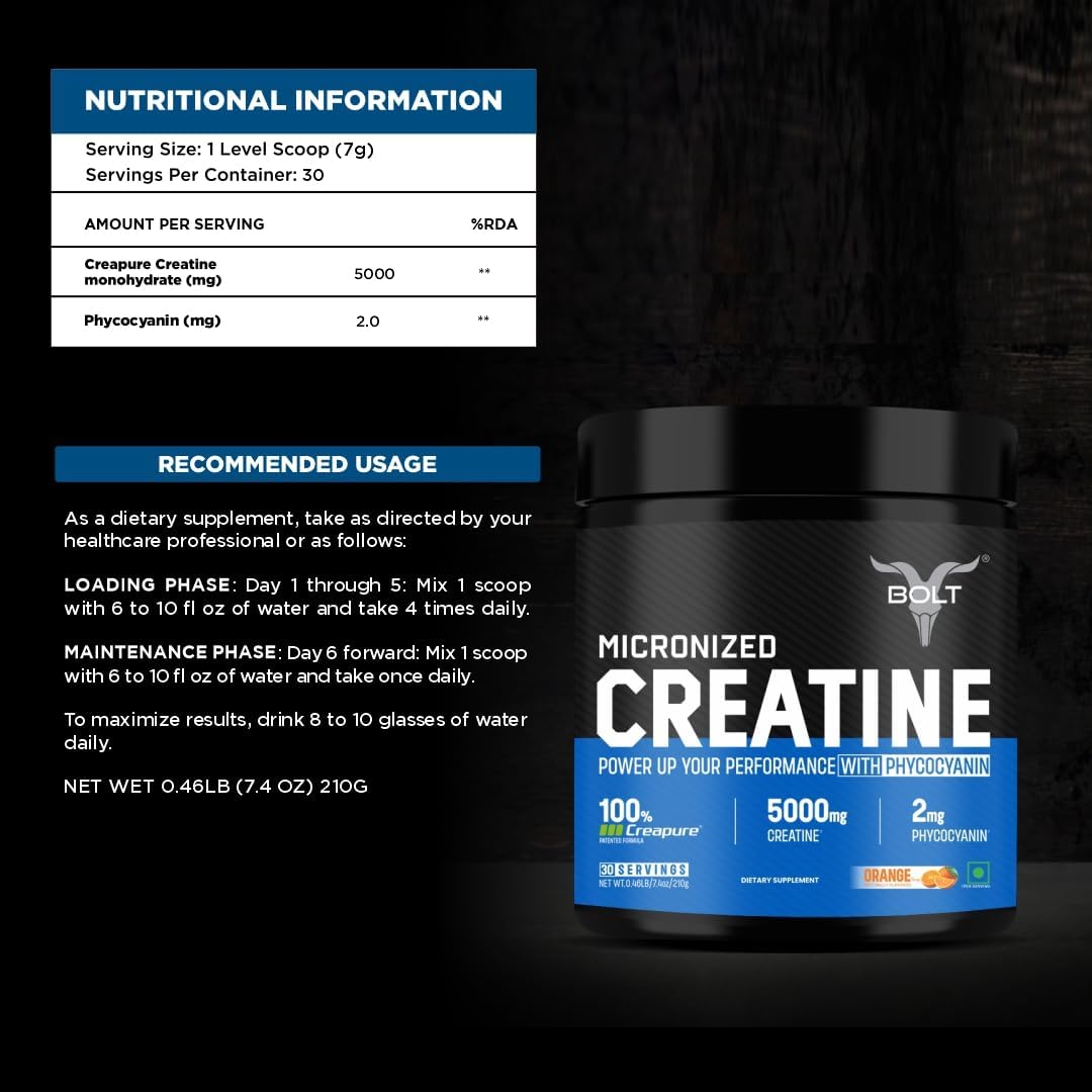 German Made Creapure® Creatine Monohydrate Powder for Pre & Post Workout - Supports Muscle Recovery, Endurance, Improved Athletic Performance - Orange Tangy Flavor - 210gm, 30 Servings