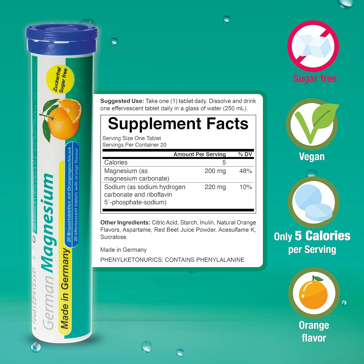 German Magnesium Oxide Effervescent Tablets - Orange Flavor, 200mg Magnesium, Sugar Free & Vegan - T&D Pharma