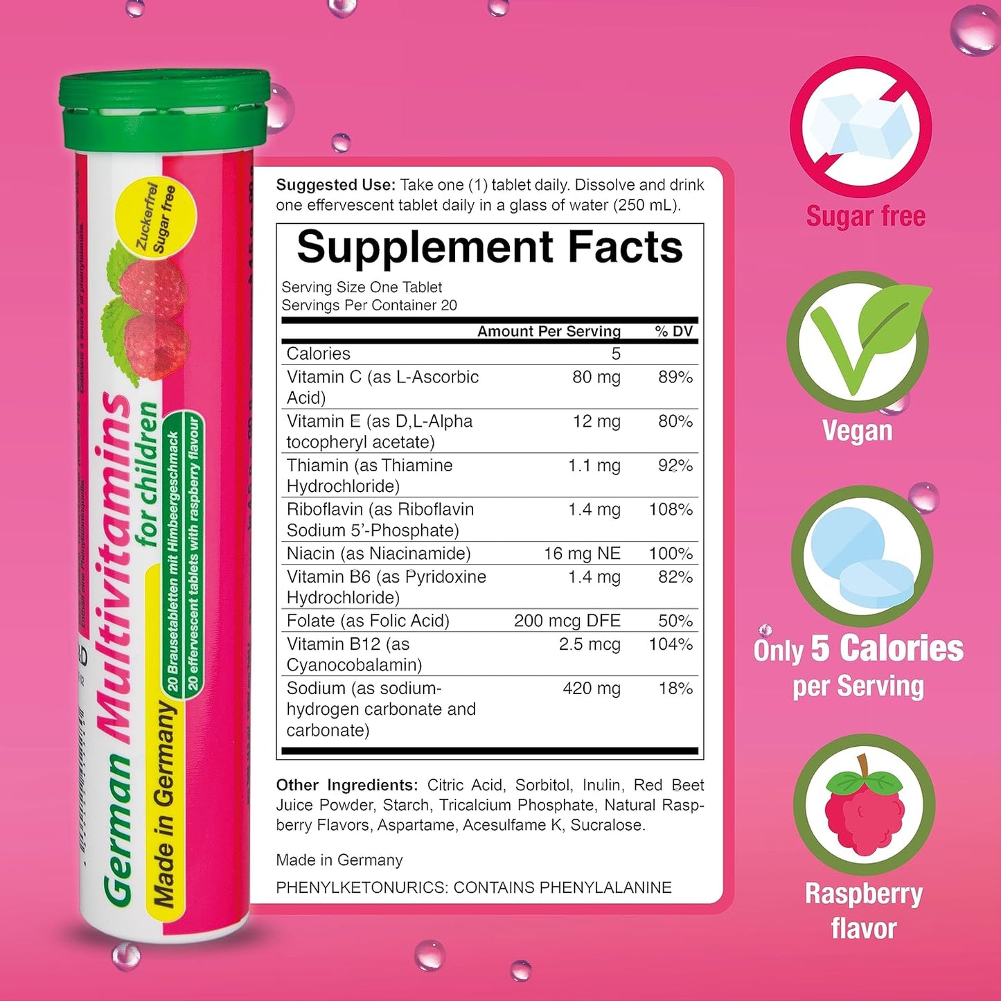 German Pink Power Effervescent Drink Tablets - 240 Servings, Vegan & Sugar-Free - Iron, Multivitamin - T&D Pharma Made in Germany