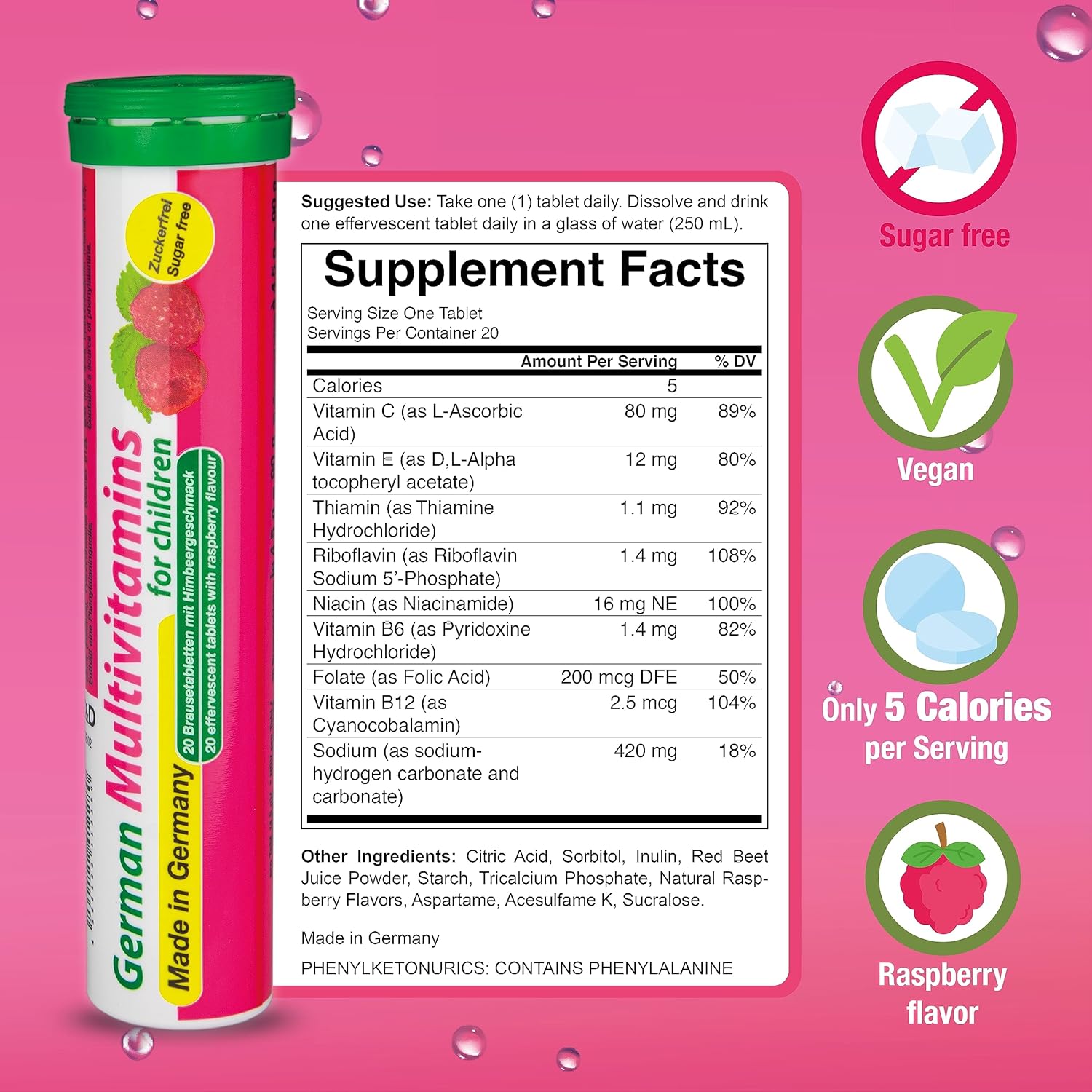 German Pink Power Effervescent Drink Tablets - 240 Servings, Vegan & Sugar-Free - Iron, Multivitamin - T&D Pharma Made in Germany