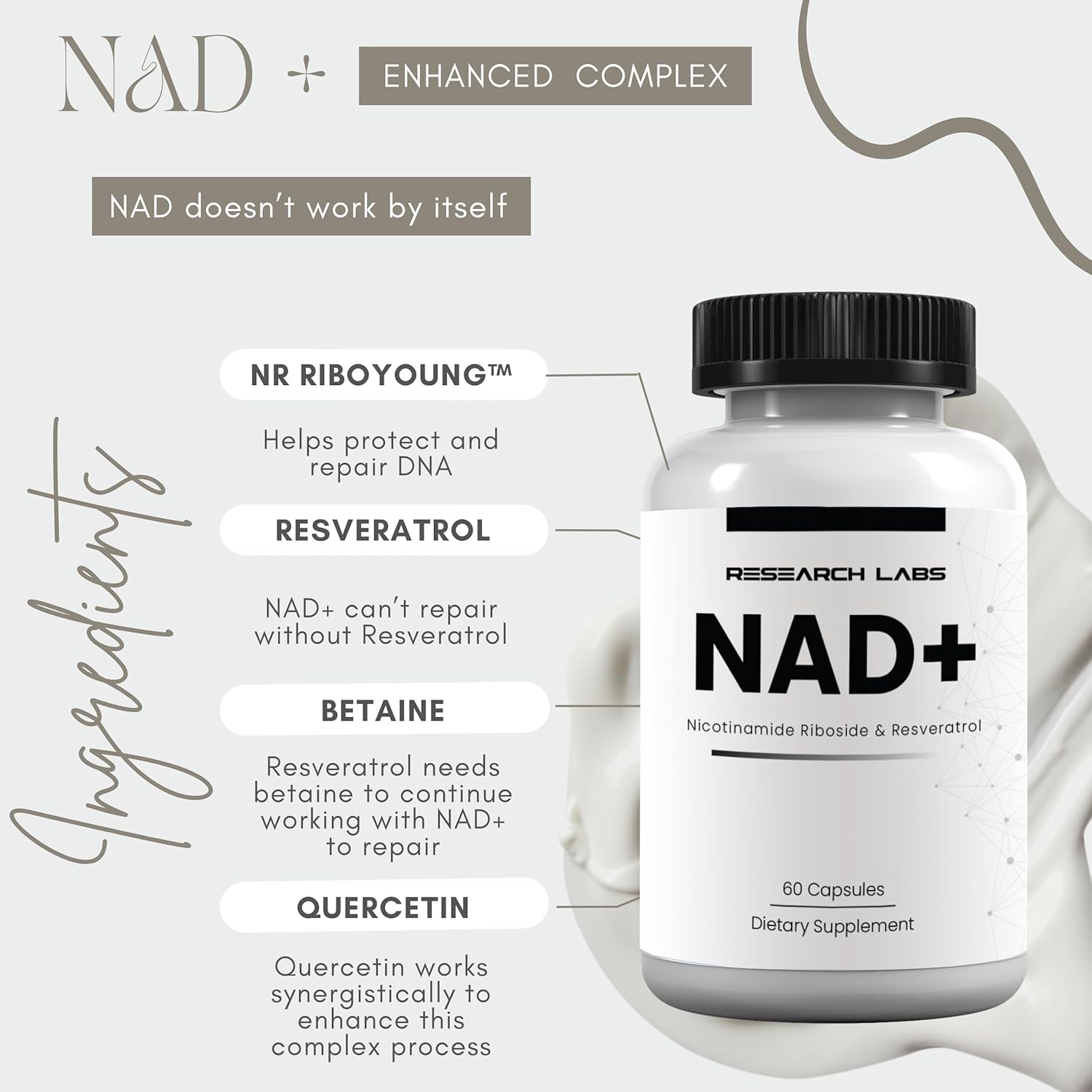 Get 2 for 1: Research Labs NAD+ Supplement with RiboYOUNG™ Formula. NRF2 Activator with Nicotinamide Riboside, Quercetin, Resveratrol, and Betaine for True Anti-Aging Benefits.