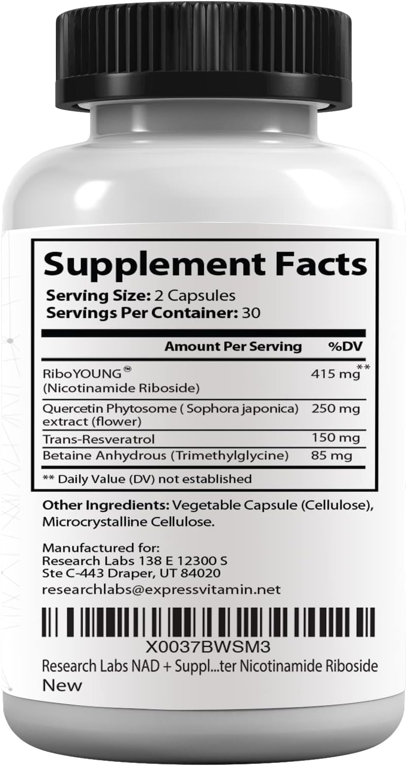Get 2 for 1: Research Labs NAD+ Supplement with RiboYOUNG™ Formula. NRF2 Activator with Nicotinamide Riboside, Quercetin, Resveratrol, and Betaine for True Anti-Aging Benefits.