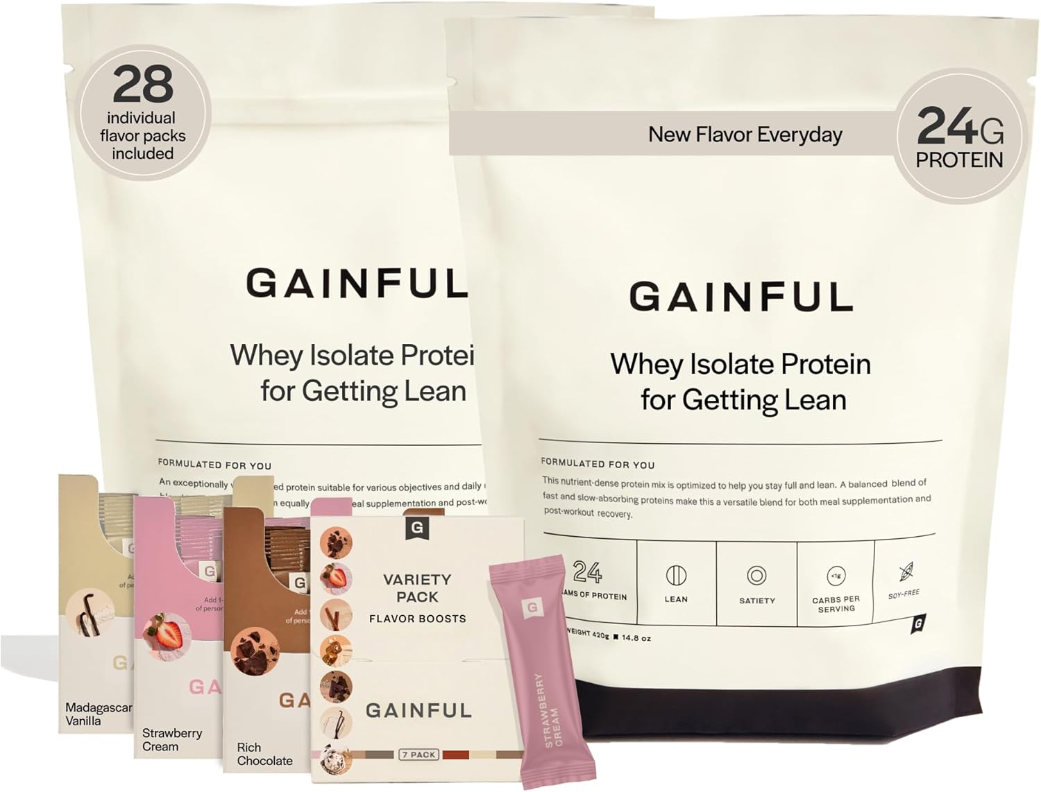 Get Lean Bundle: Gainful Whey Protein Powder with Meal Replacement, Post Workout Support, Unflavored Base + Flavor Boosts (Chocolate, Vanilla, Strawberry) - 28 Servings