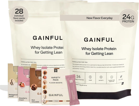 Get Lean Bundle: Gainful Whey Protein Powder with Meal Replacement, Post Workout Support, Unflavored Base + Flavor Boosts (Chocolate, Vanilla, Strawberry) - 28 Servings