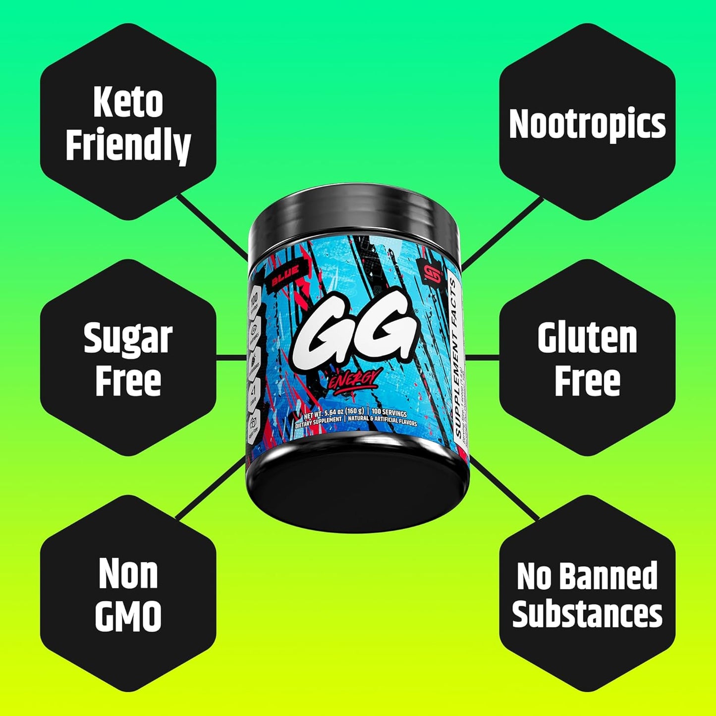 GG Energy Blue: 100 Servings of Keto-Friendly Gaming Energy Powder with Nootropics, Organic Caffeine, and Immune Support