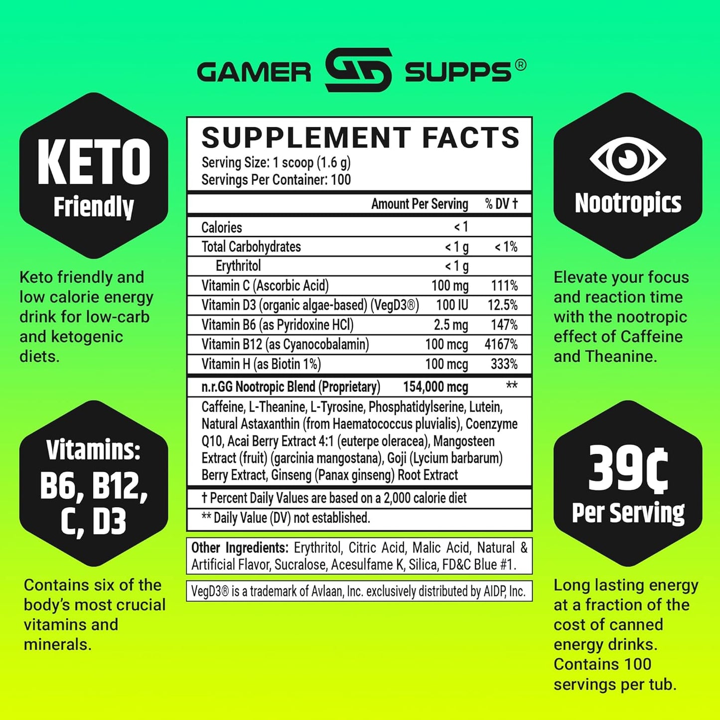 GG Energy Blue: 100 Servings of Keto-Friendly Gaming Energy Powder with Nootropics, Organic Caffeine, and Immune Support