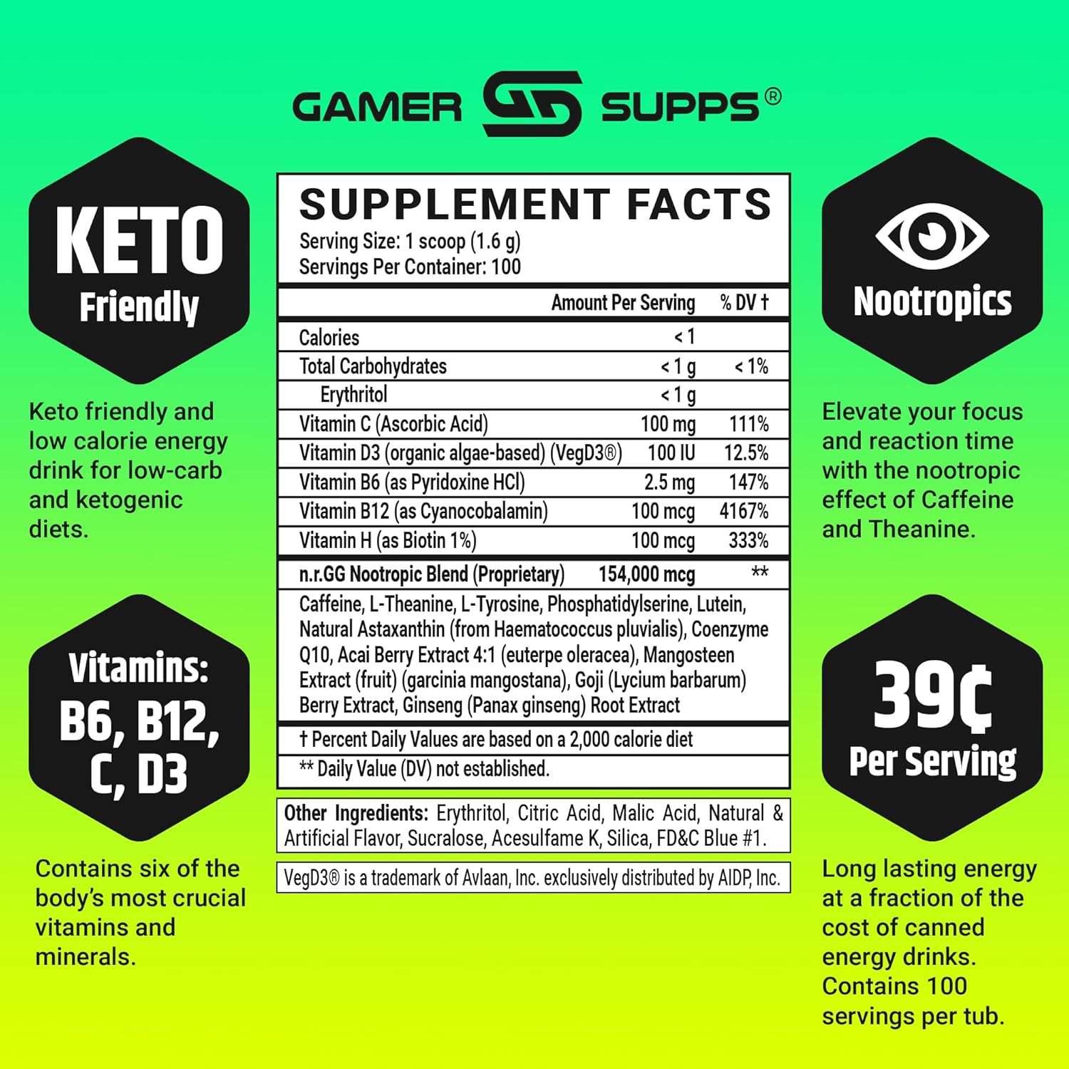 GG Energy Blue: 100 Servings of Keto-Friendly Gaming Energy Powder with Nootropics, Organic Caffeine, and Immune Support