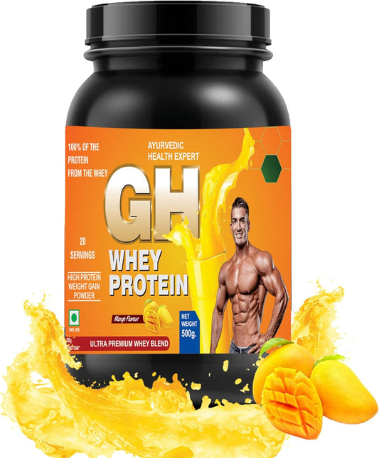GH Whey Protein Weight and Mass Gainer Supplement Powder for Muscle Building - 500g Mango Flavor - Ayurvedic Health Boost