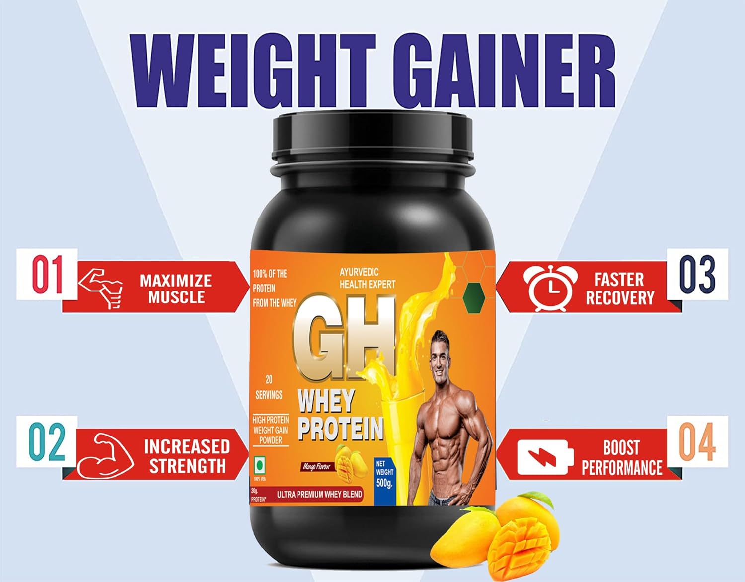 GH Whey Protein Weight and Mass Gainer Supplement Powder for Muscle Building - 500g Mango Flavor - Ayurvedic Health Boost