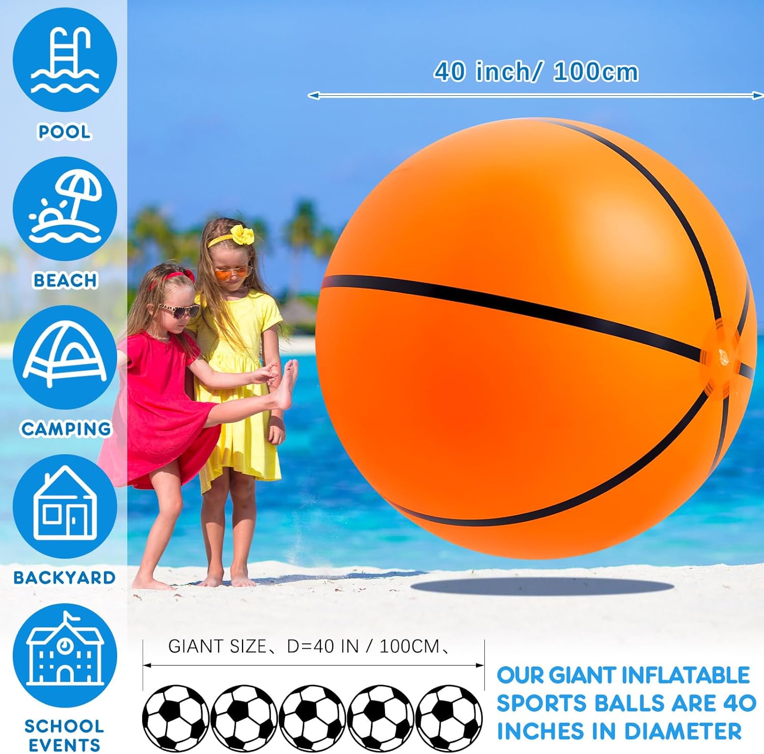 Giant Inflatable Sports Balls Set - 3 Pcs Large Beach Ball, Baseball, Soccer, Basketball - 40 Inch - Perfect for Sports Themed Party!