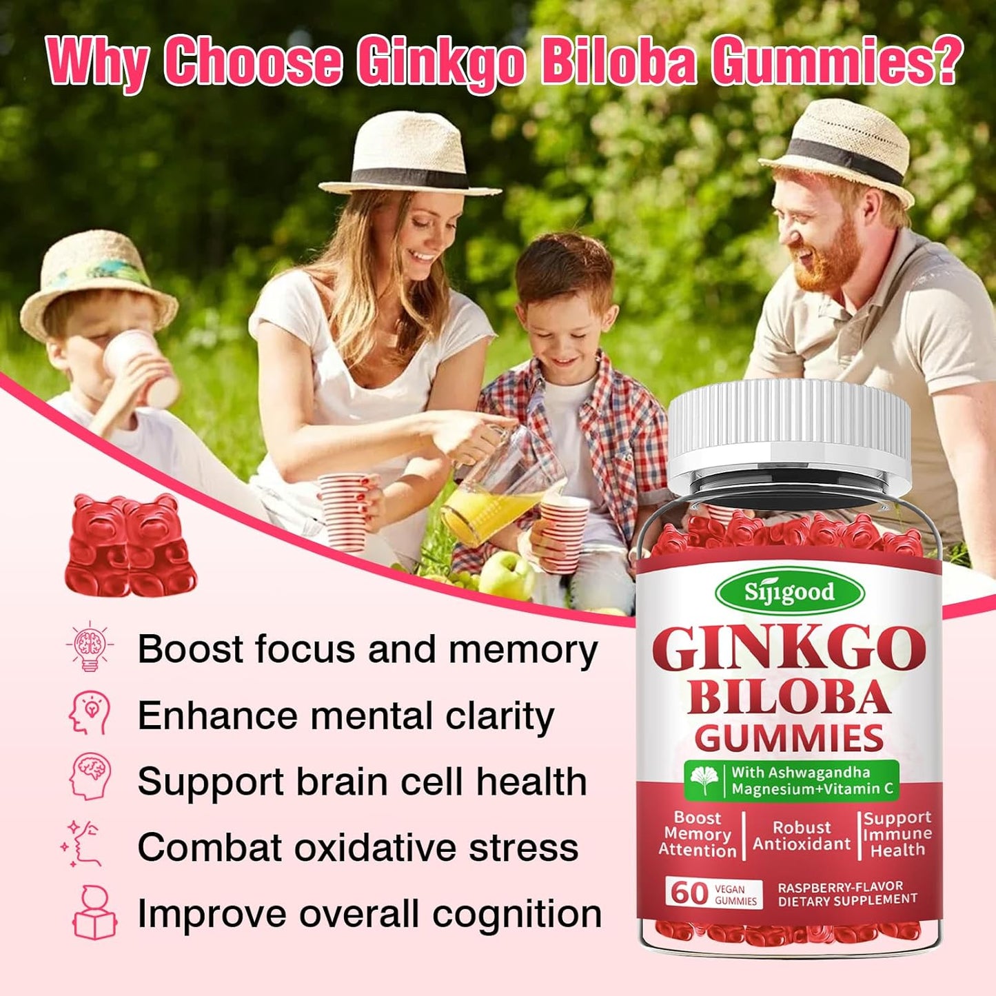 Ginkgo Biloba Gummies with Panax Ginseng and Magnesium - Focus, Memory, and Brain Health Support - Vegan Raspberry Flavor - 60 Count
