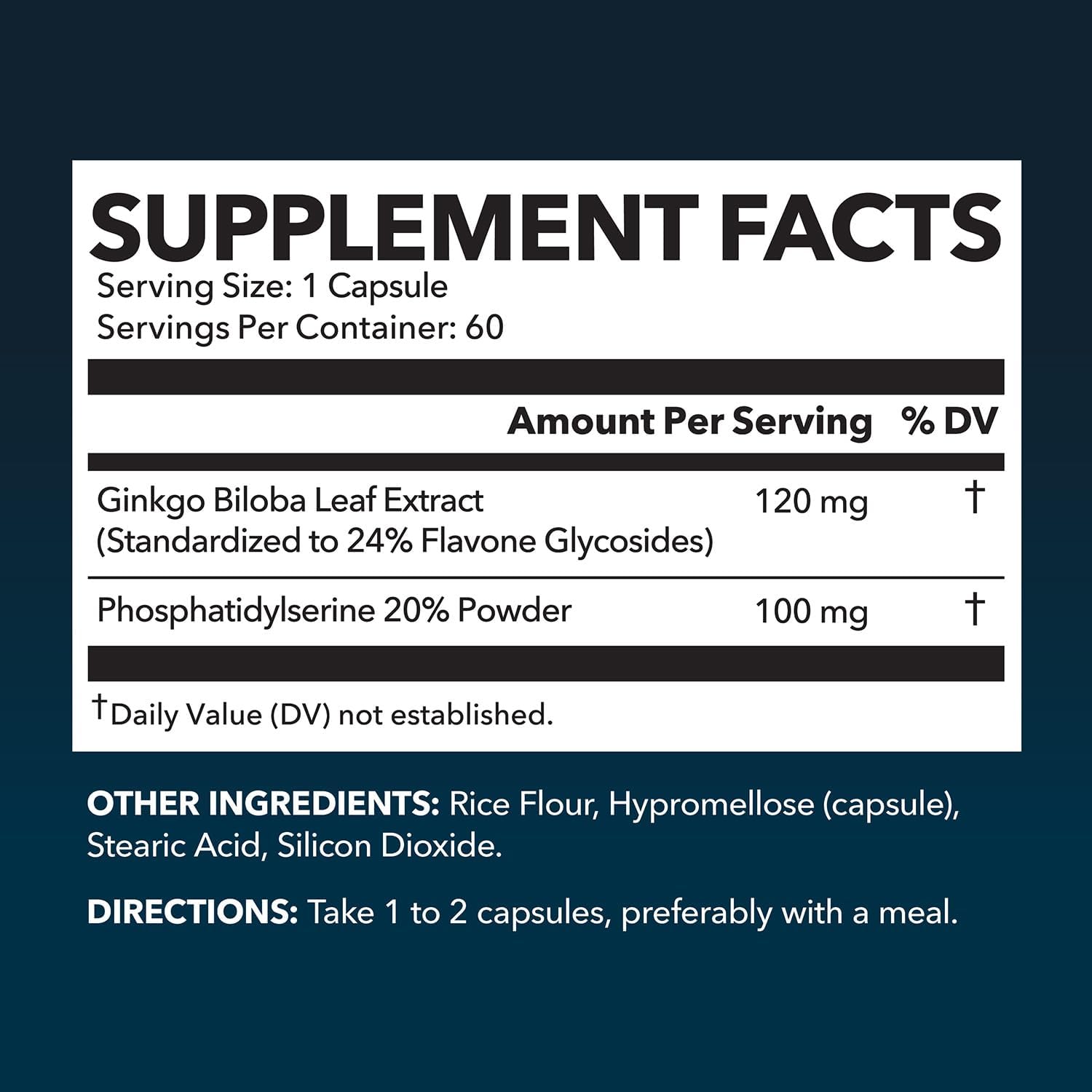 Ginkgo Biloba & Phosphatidylserine Nootropic Brain Health Supplement - Supports Memory, Focus, Cognitive Function - 60 Capsules, 2 Month Supply