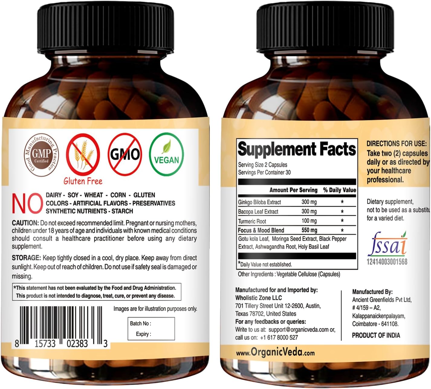 Ginkgo Biloba Turmeric Bacopa Brain Supplement with Ashwagandha - Memory, Mood & Focus Support - Vegan Capsules for Energy & Healthy Joints