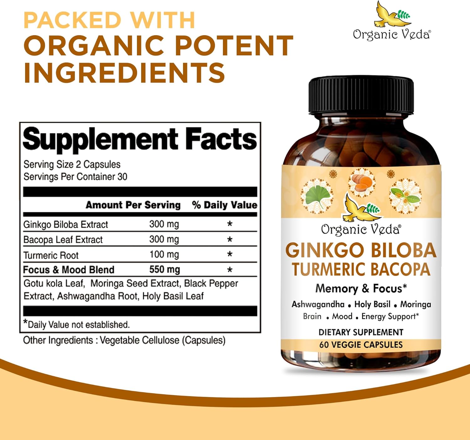 Ginkgo Biloba Turmeric Bacopa Brain Supplement with Ashwagandha - Memory, Mood & Focus Support - Vegan Capsules for Energy & Healthy Joints