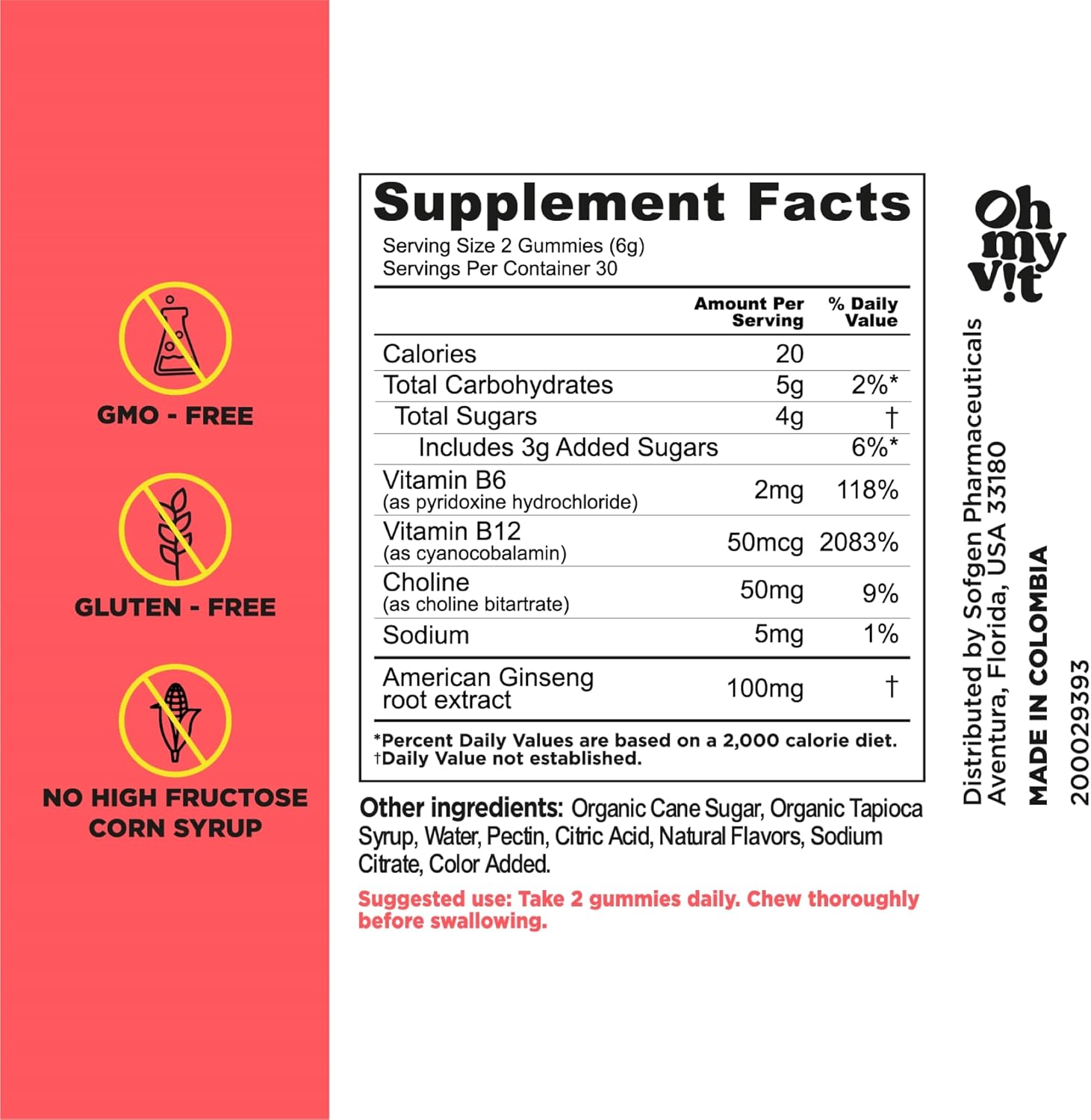 Ginseng and Choline Gummy Supplement for Women and Men - Pineapple and Orange Flavor - 60 Count
