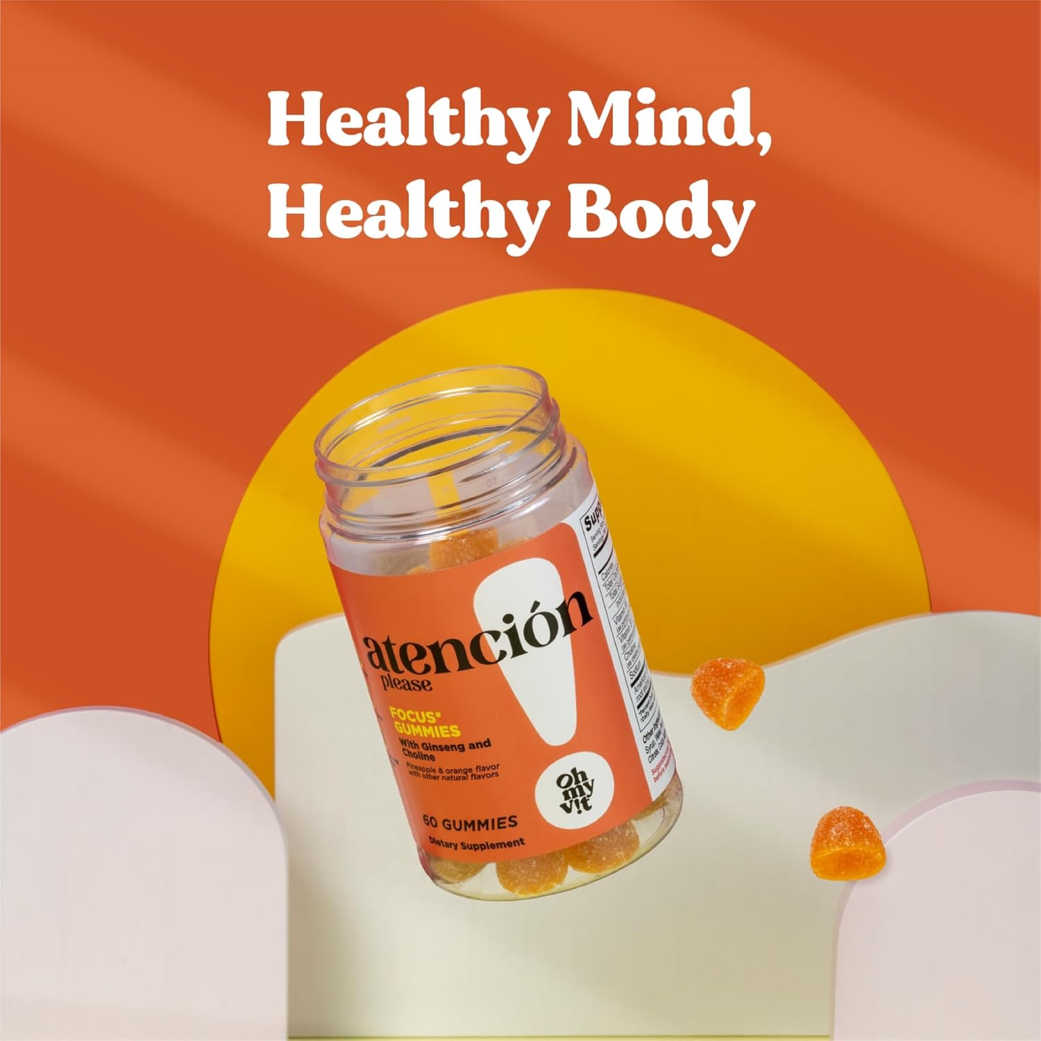 Ginseng and Choline Gummy Supplement for Women and Men - Pineapple and Orange Flavor - 60 Count