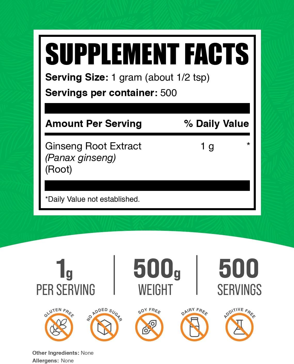 Ginseng Root Extract Powder - Herbal Supplement, Panax Ginseng, Vegan & Gluten Free - 1000mg per Serving, 500g (1.1 lbs)