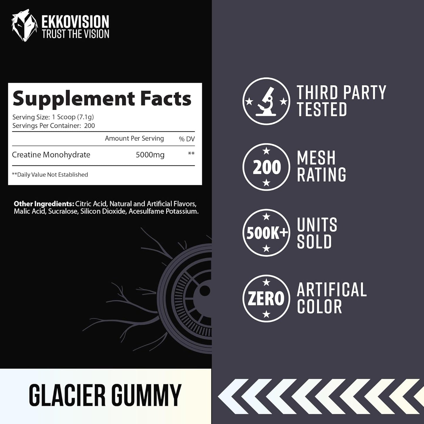 Glacier Gummy Creatine Monohydrate Powder for Energy Support, Pre & Post Workout, Micronized, Easy to Mix, 200 Servings