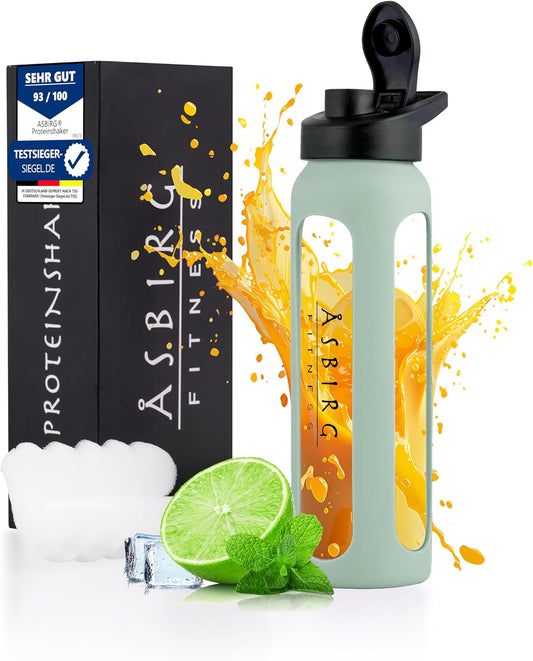 Glass Protein Shaker Bottle with Spiral Ball - Black and Pastel Green - Asbirg Fitness