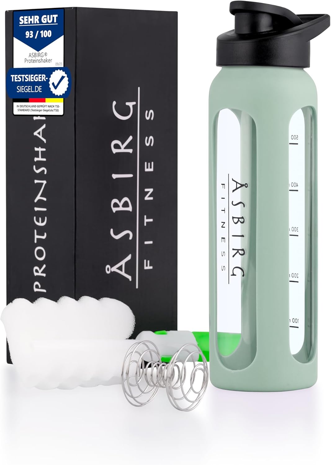 Glass Protein Shaker Bottle with Spiral Ball - Black and Pastel Green - Asbirg Fitness