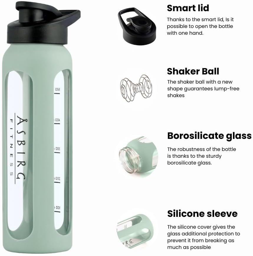 Glass Protein Shaker Bottle with Spiral Ball - Black and Pastel Green - Asbirg Fitness