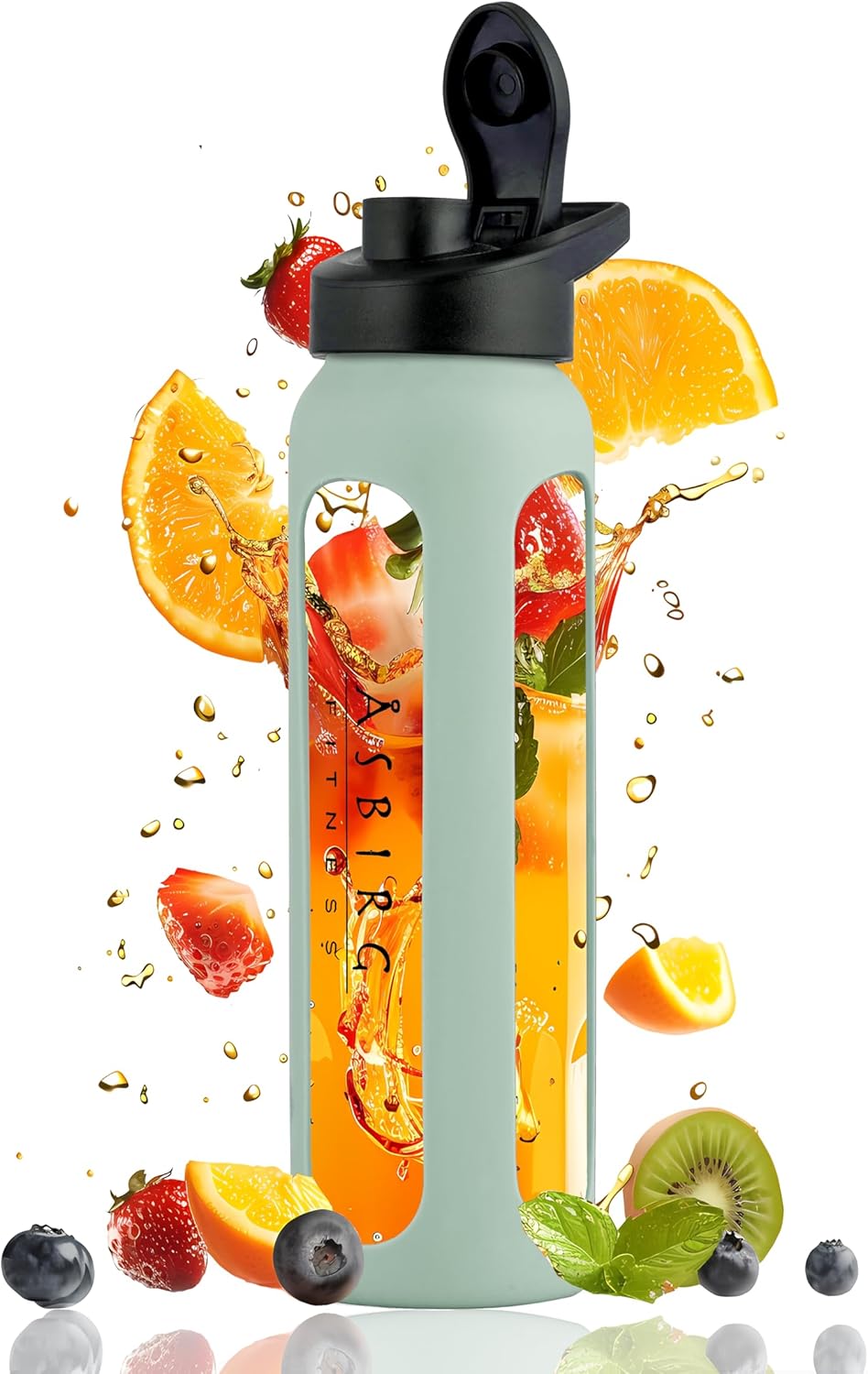 Glass Protein Shaker Bottle with Spiral Ball - Black and Pastel Green - Asbirg Fitness
