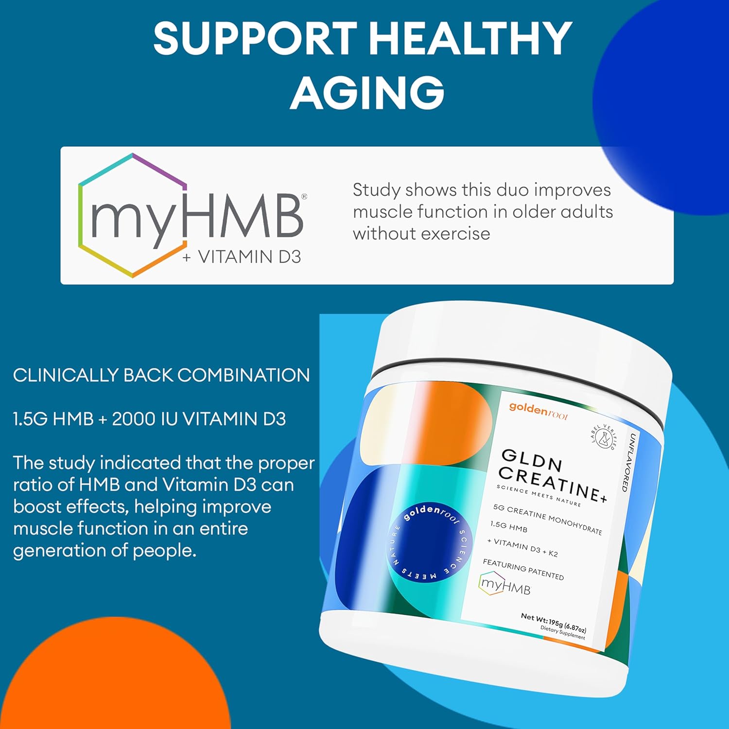 GLDN Creatine Monohydrate Powder with HMB, Vitamin D3, and K2 for Muscle and Bone Health
