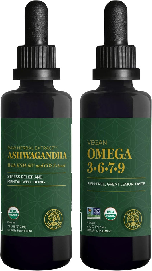 Global Healing Center Ashwagandha & Omega Kit - Supports Nervousness, Brain, Heart, and Eye Health
