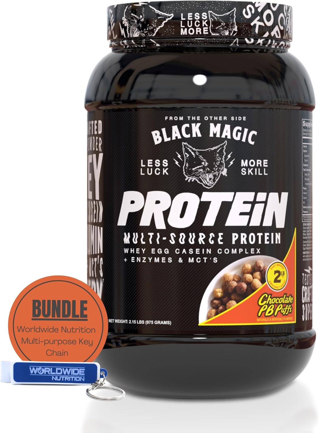 Global Nutrition Bundle: Black Magic Multi-Source Protein Powder with Enzymes for Muscle Mass Gain - Chocolate PB Puffs 2LB & Keychain