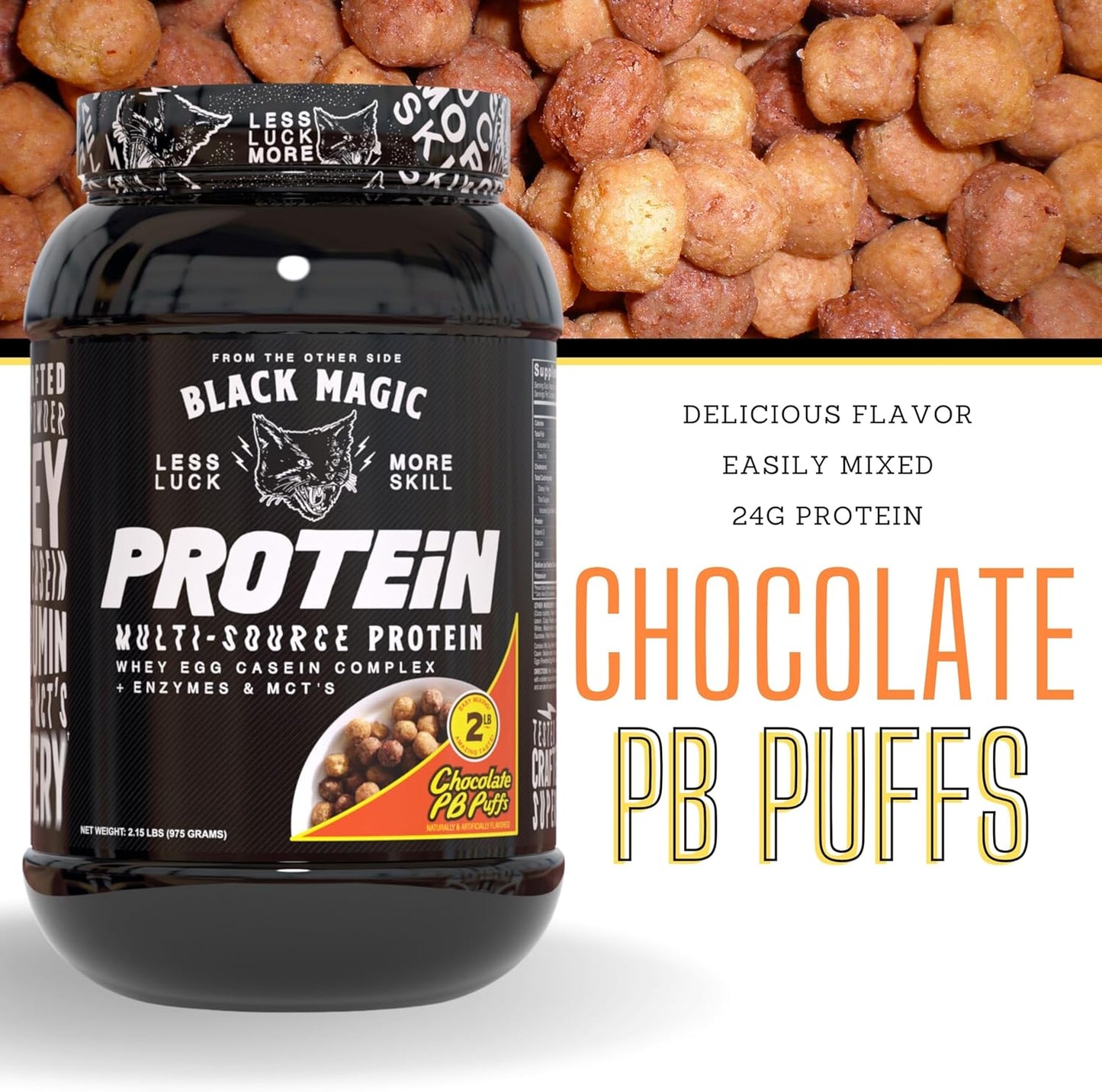 Global Nutrition Bundle: Black Magic Multi-Source Protein Powder with Enzymes for Muscle Mass Gain - Chocolate PB Puffs 2LB & Keychain