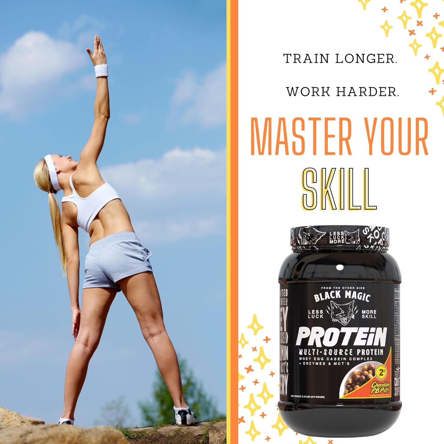 Global Nutrition Bundle: Black Magic Multi-Source Protein Powder with Enzymes for Muscle Mass Gain - Chocolate PB Puffs 2LB & Keychain