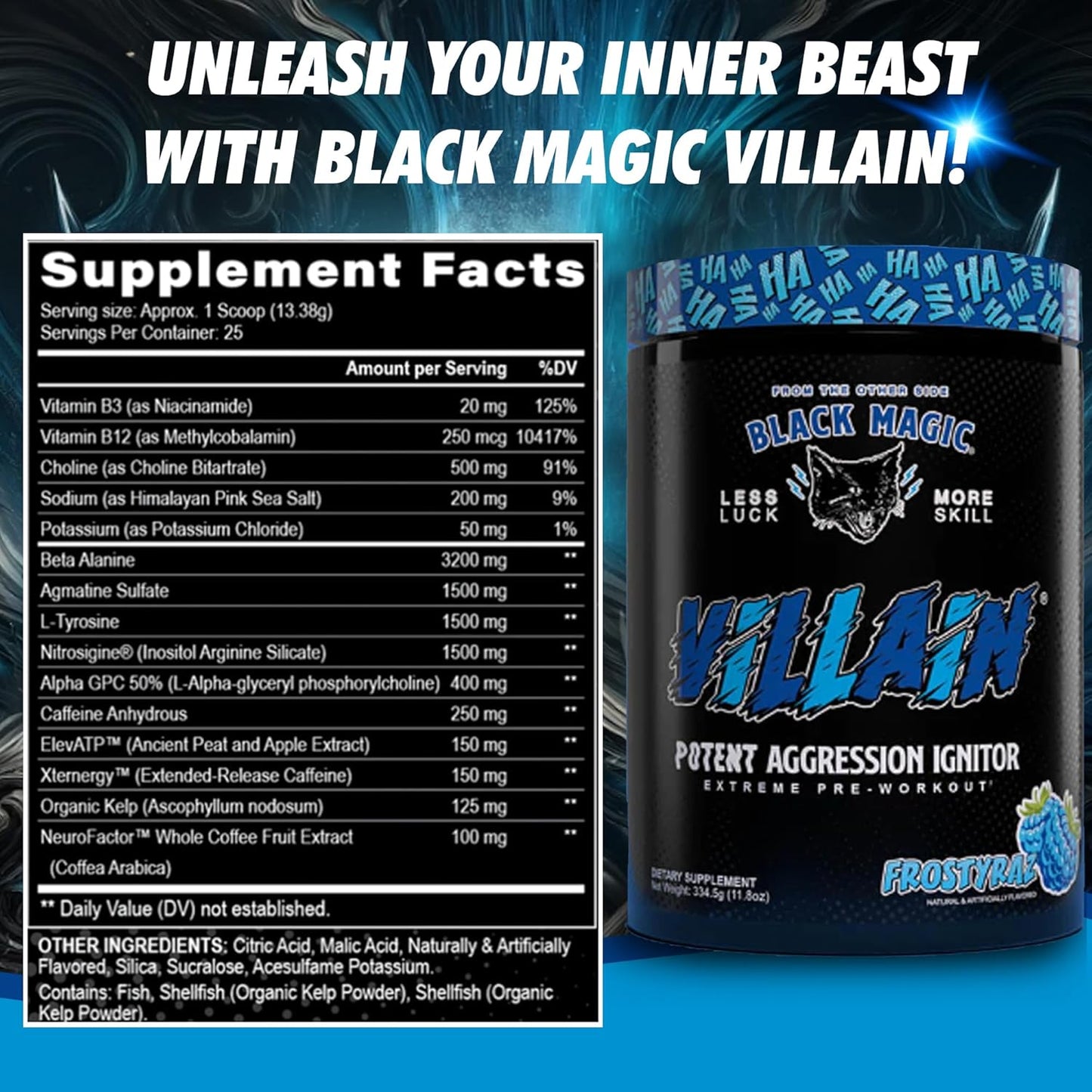 Global Nutrition Bundle for Black Magic Supply Frosty Blue Villain Pre Workout - High-Stim Nootropic with Beta-Alanine, L-Tyrosine, & Caffeine - 25 Servings + Multi-Purpose Keychain