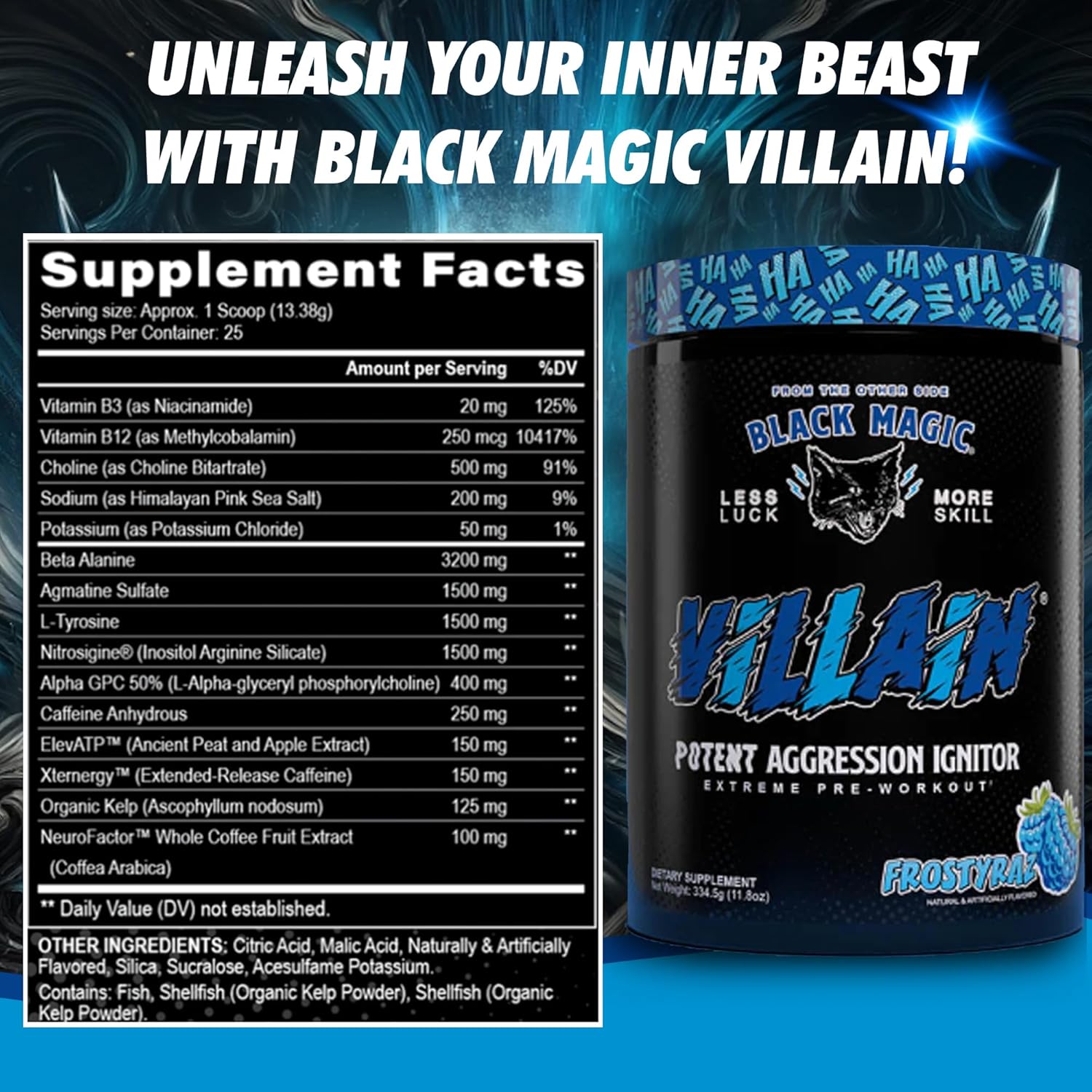 Global Nutrition Bundle for Black Magic Supply Frosty Blue Villain Pre Workout - High-Stim Nootropic with Beta-Alanine, L-Tyrosine, & Caffeine - 25 Servings + Multi-Purpose Keychain
