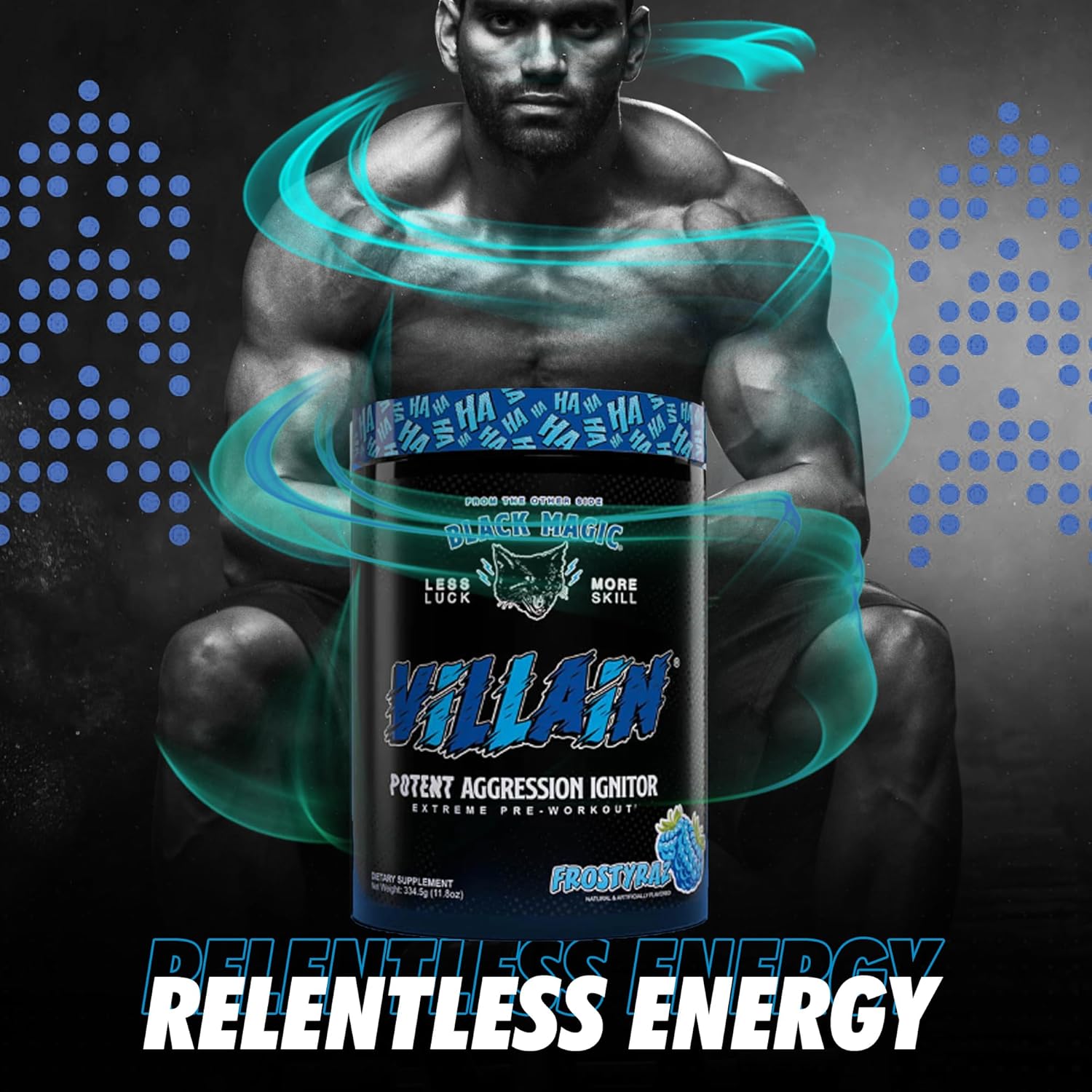 Global Nutrition Bundle for Black Magic Supply Frosty Blue Villain Pre Workout - High-Stim Nootropic with Beta-Alanine, L-Tyrosine, & Caffeine - 25 Servings + Multi-Purpose Keychain