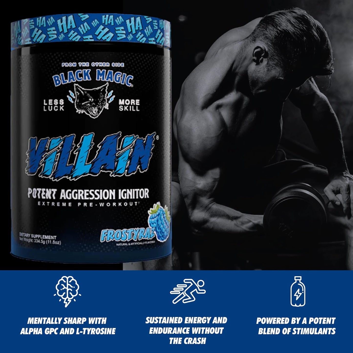 Global Nutrition Bundle for Black Magic Supply Frosty Blue Villain Pre Workout - High-Stim Nootropic with Beta-Alanine, L-Tyrosine, & Caffeine - 25 Servings + Multi-Purpose Keychain