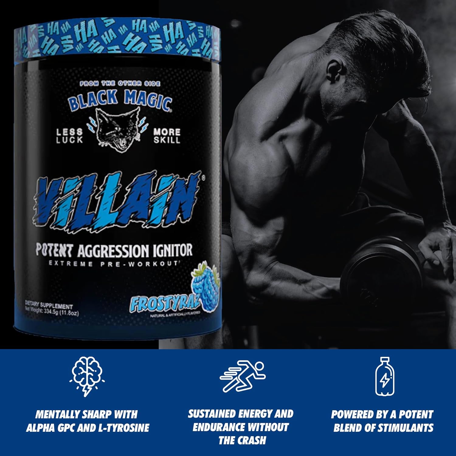 Global Nutrition Bundle for Black Magic Supply Frosty Blue Villain Pre Workout - High-Stim Nootropic with Beta-Alanine, L-Tyrosine, & Caffeine - 25 Servings + Multi-Purpose Keychain