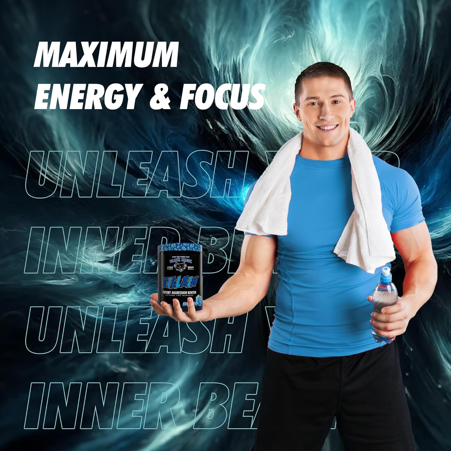 Global Nutrition Bundle for Black Magic Supply Frosty Blue Villain Pre Workout - High-Stim Nootropic with Beta-Alanine, L-Tyrosine, & Caffeine - 25 Servings + Multi-Purpose Keychain