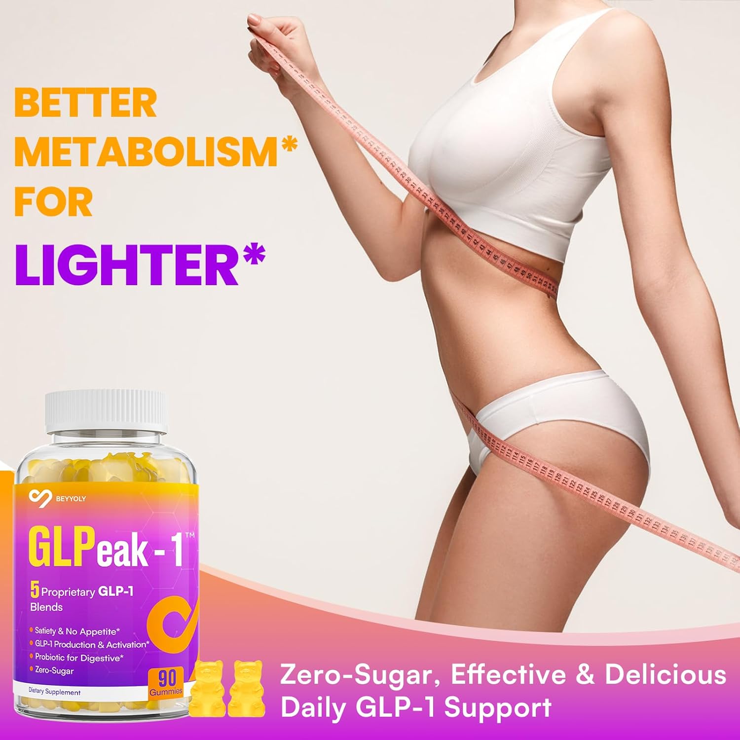 GLP-1 Gummy Supplement with Akkermansia Probiotic & Berberine for Men & Women, Yuzu Flavor, 60 Gummies, Zero-Sugar, Natural Support